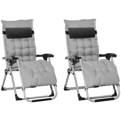 Two light grey Outsunny reclining zero gravity chairs with folding design and cushions, ideal for outdoor relaxation.