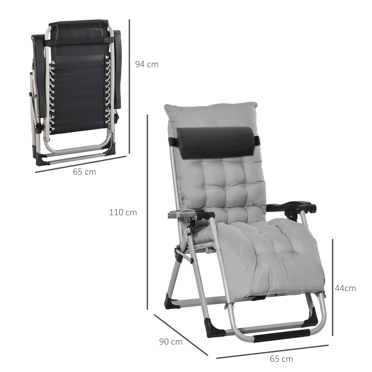 Two light grey Outsunny reclining zero gravity chairs with folding design and cushions, perfect for relaxing outdoors.