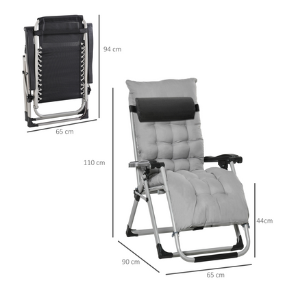 Two light grey Outsunny reclining zero gravity chairs with folding design and cushions, perfect for relaxing outdoors.