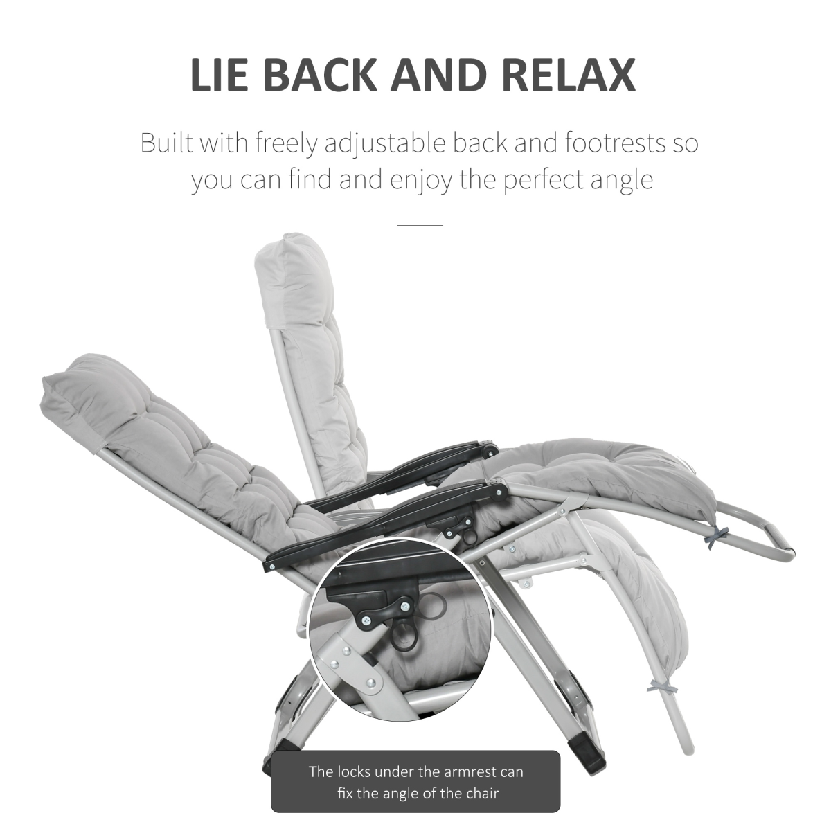 Two light grey Outsunny reclining zero gravity folding chairs with cushions, ideal for relaxing outdoors.