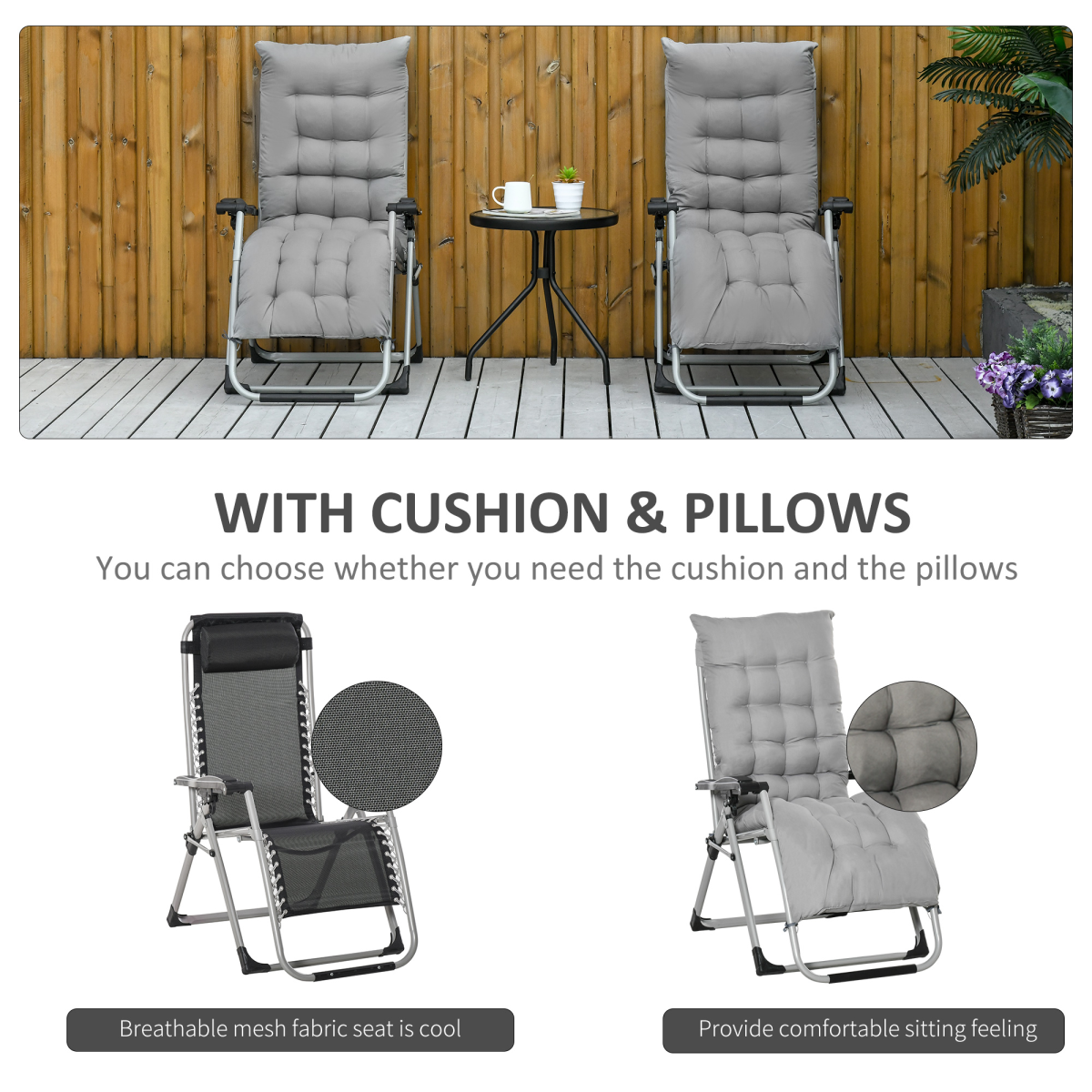 Two light grey Outsunny reclining zero gravity chairs with folding design and cushions, ideal for outdoor relaxation.