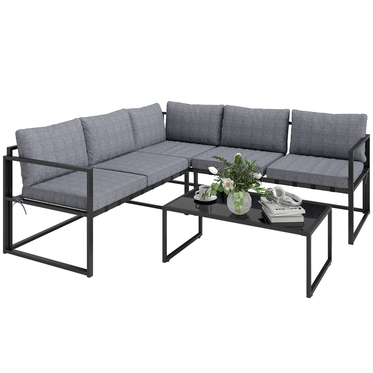 Outsunny 3-piece L-shaped garden furniture set with grey cushions, including sectional sofa and coffee table in an outdoor setting.