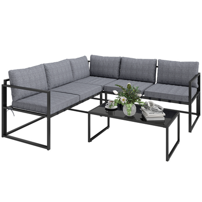 Outsunny 3-piece L-shaped garden furniture set with grey cushions, including sectional sofa and coffee table in an outdoor setting.