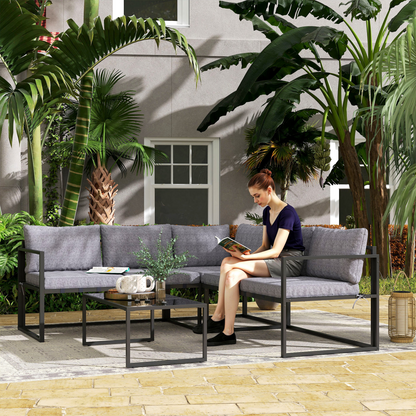 Outsunny 3-piece L-shaped garden furniture set with grey cushions, includes sofa and side table, outdoor patio furniture.