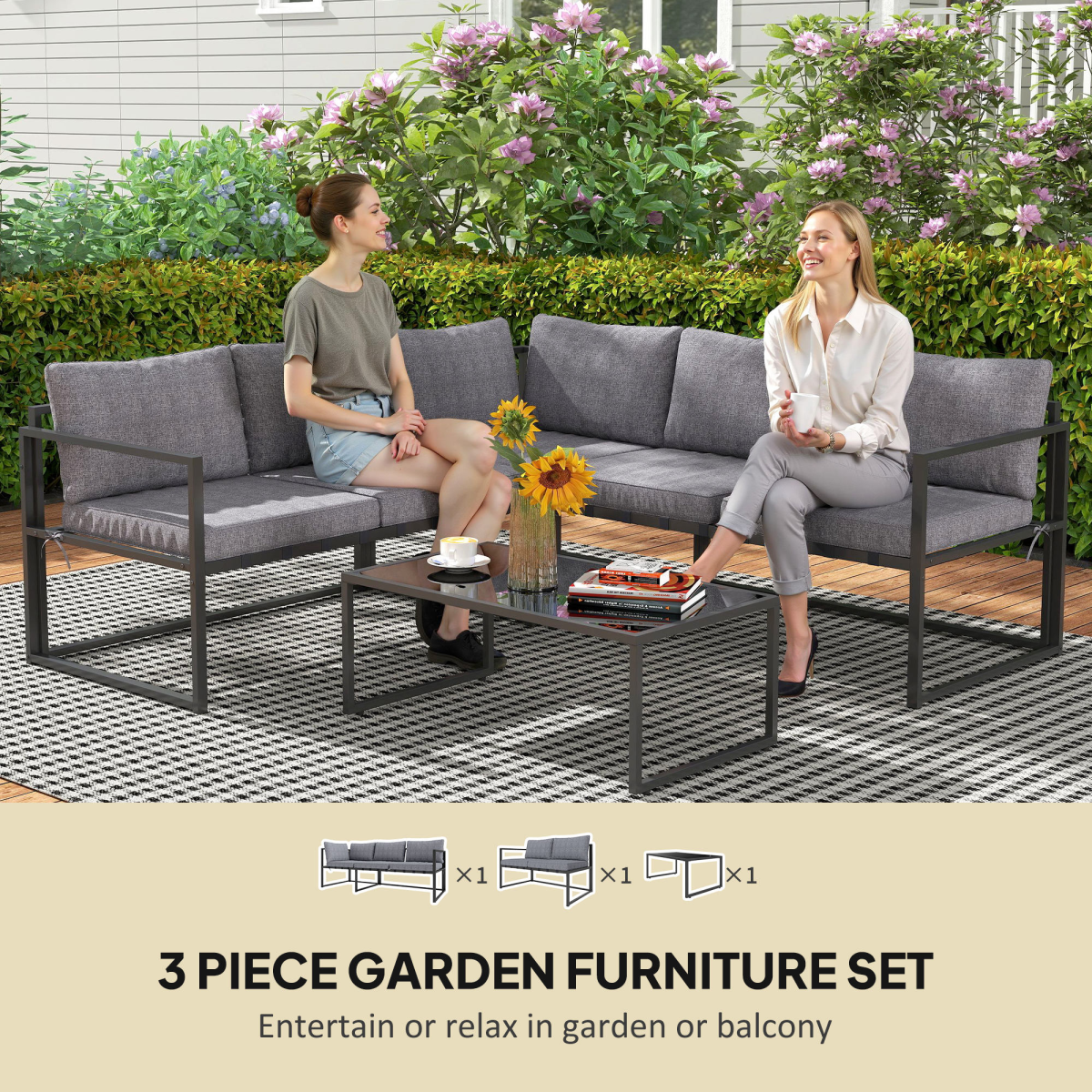 Grey Outsunny 3-piece L-shaped garden furniture set with cushions, includes sofa and corner table, ideal for outdoor patio lounging.