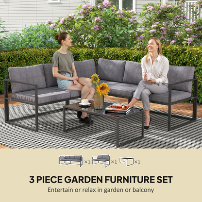 Grey Outsunny 3-piece L-shaped garden furniture set with cushions, includes sofa and corner table, ideal for outdoor patio lounging.