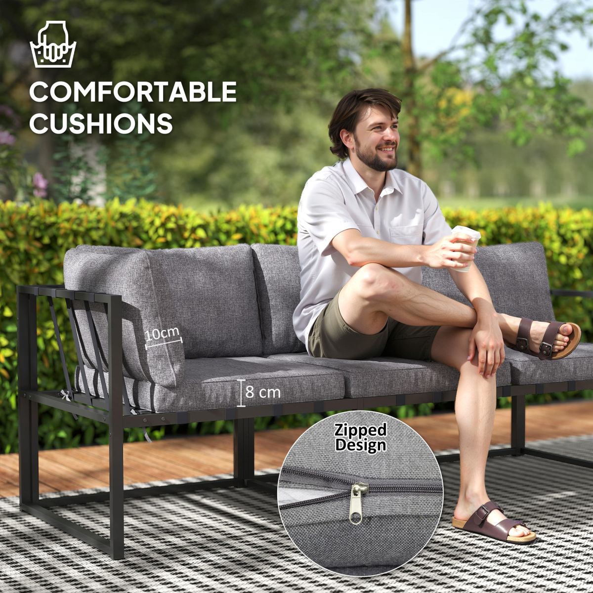 Outsunny 3-piece L-shaped garden furniture set with grey cushions, includes sofa and table for outdoor relaxing and entertaining.