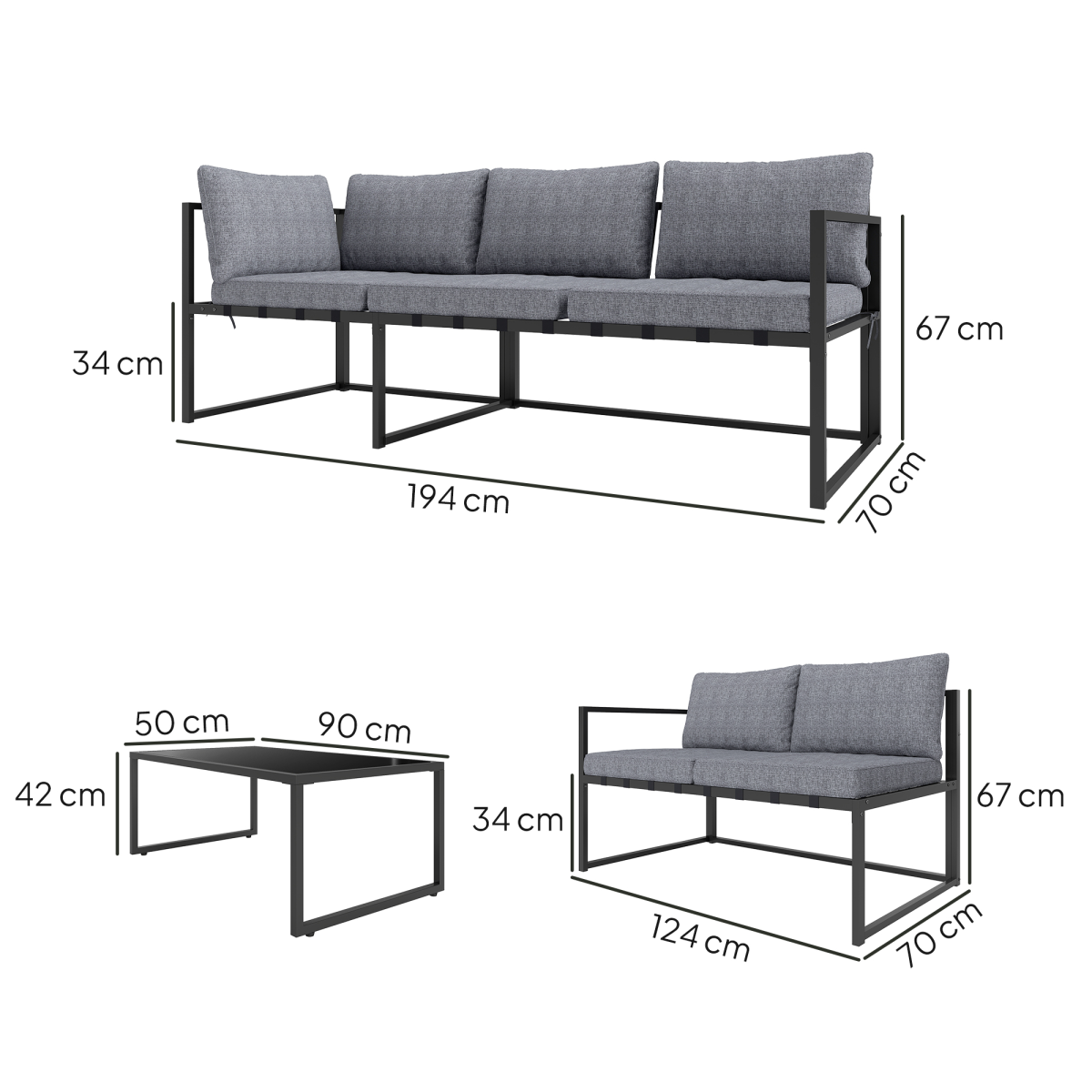 Outsunny 3-piece L-shaped garden furniture set with grey cushions, includes sofa and coffee table for outdoor seating.