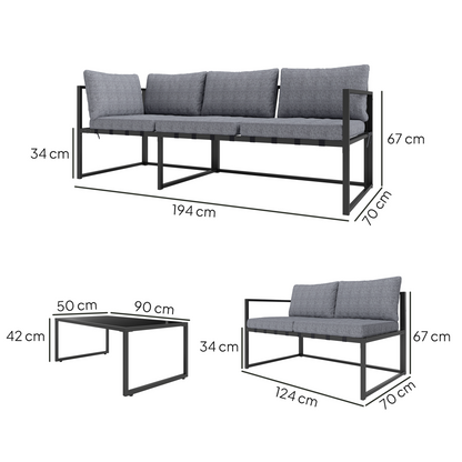 Outsunny 3-piece L-shaped garden furniture set with grey cushions, includes sofa and coffee table for outdoor seating.
