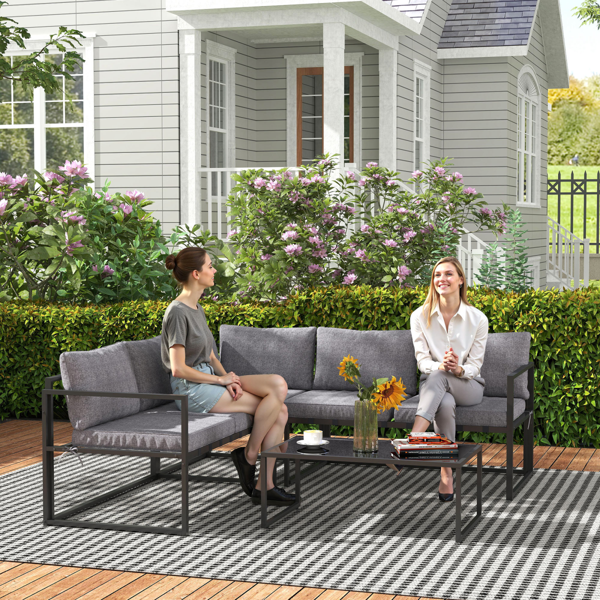 Outsunny 3-piece L-shaped garden furniture set with grey cushions, including sofa and matching chairs for outdoor relaxation.