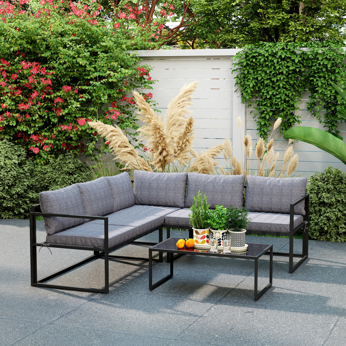 Outsunny 3-piece L-shaped garden furniture set with grey cushions, featuring a sectional design and outdoor seating for patio use.
