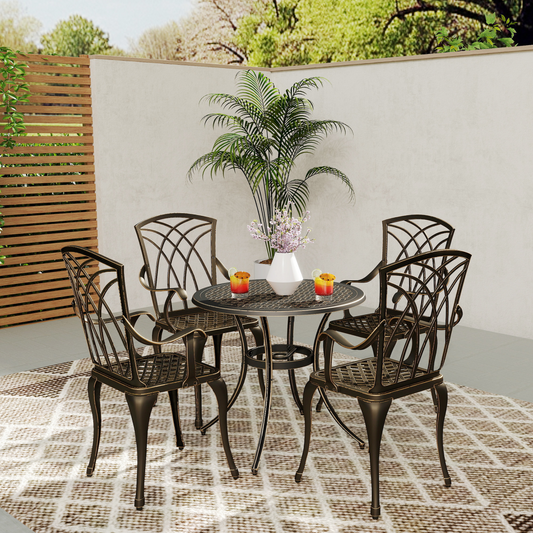 Outsunny 5-piece garden dining set with bronze-tone metal table and chairs, outdoor garden furniture for patio dining.