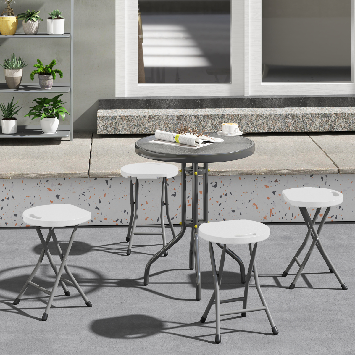 Set of four white Outsunny folding garden stools with decorative design, ideal for outdoor seating and patio decor.