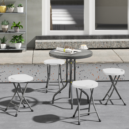 Set of four white Outsunny folding garden stools with decorative design, ideal for outdoor seating and patio decor.