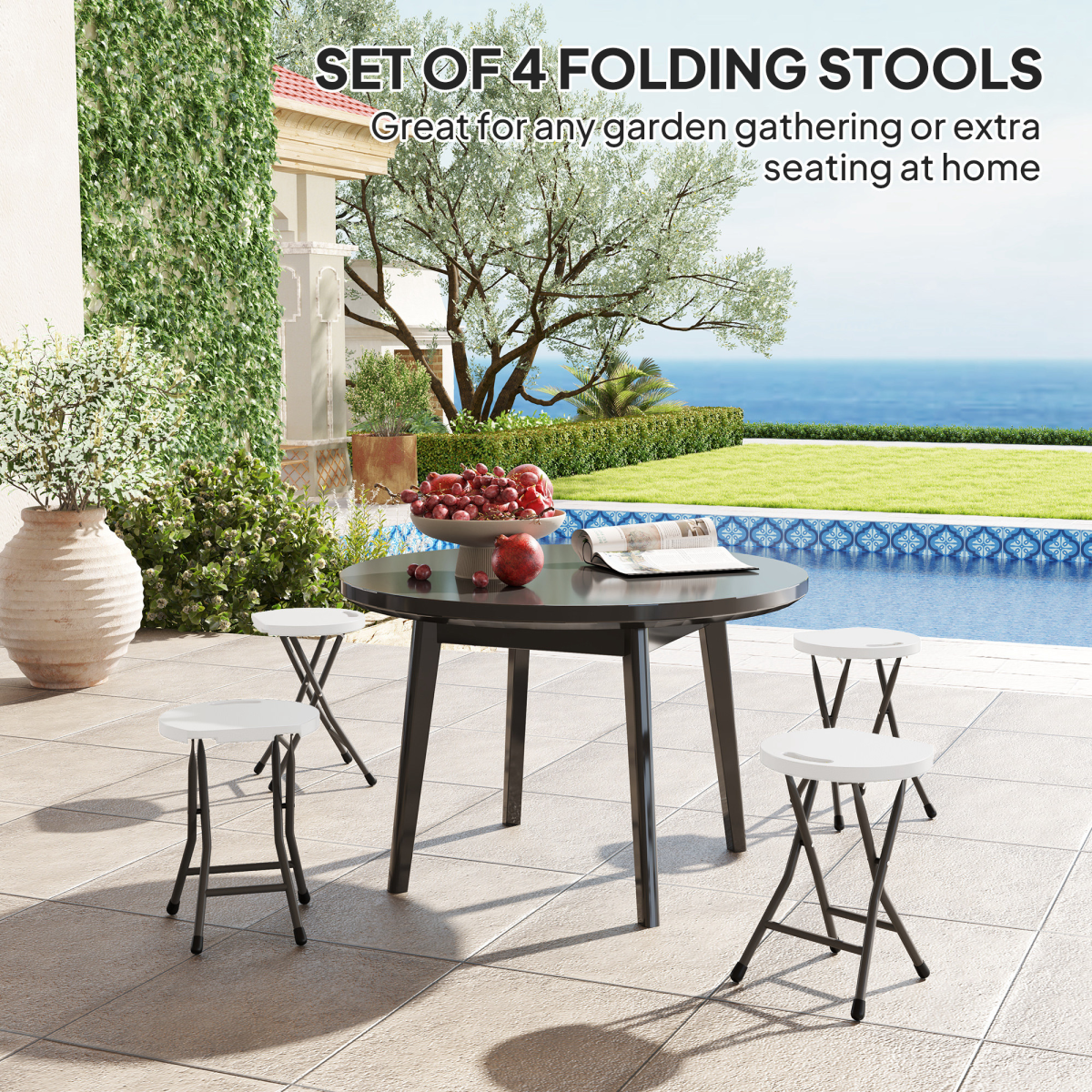 Set of four white folding garden stools by Outsunny, decorative and portable outdoor seating for patio or garden use.