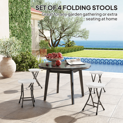 Set of four white folding garden stools by Outsunny, decorative and portable outdoor seating for patio or garden use.