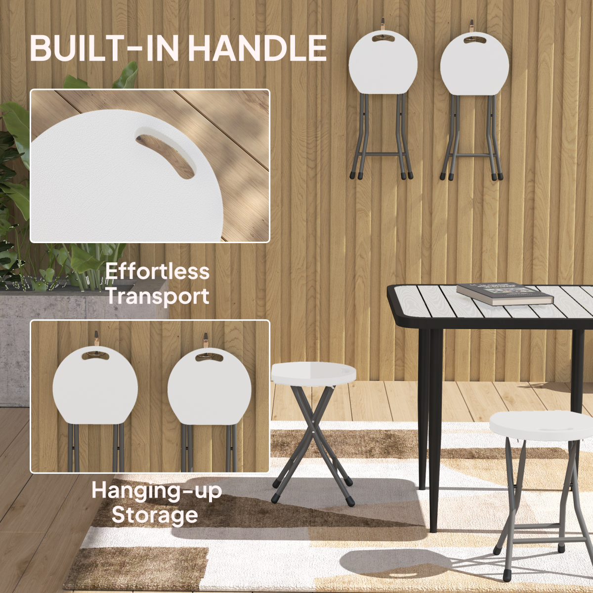 Set of four white folding garden stools by Outsunny, decorative and versatile outdoor seating for patio or garden use.