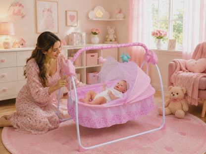 Electric Baby Cradle Swing with Remote Control – USB Automatic Rocking Sleeper for Newborns (Pink)