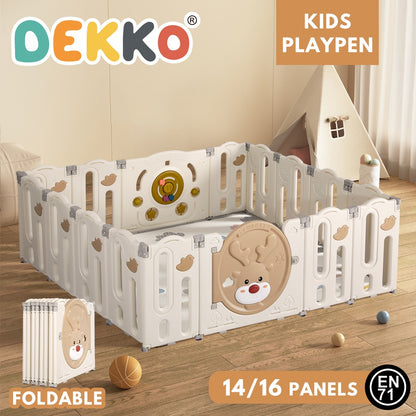 Livoshop Dekko Kids playpen with foldable safety gate and panels for toddlers, featuring colorful play panels and secure baby protection.