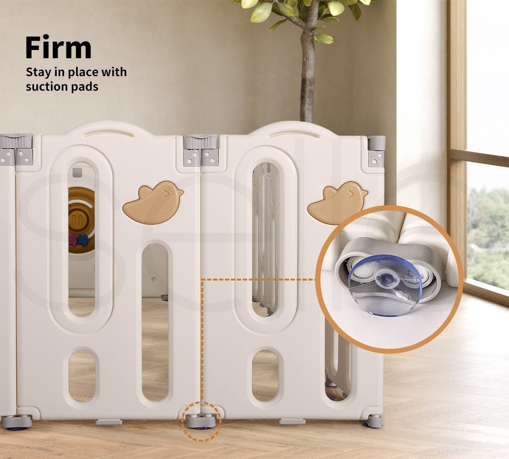 Livoshop Dekko Kids Playpen with foldable panels, baby safety gate, toddler play area, and colorful play panels on a wooden floor.