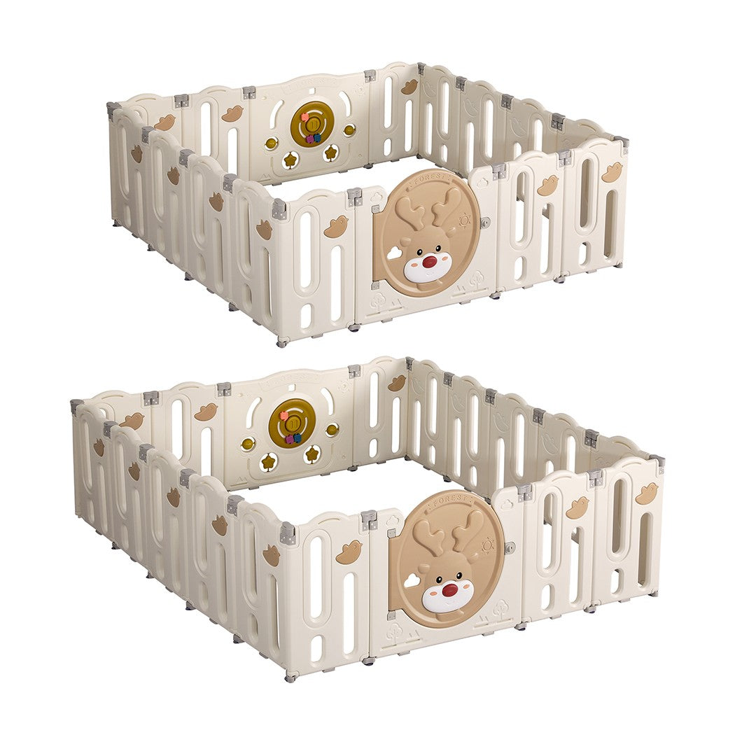 Livoshop Dekko Kids Playpen with safety gate, foldable panels, toddler play area, and baby toy enclosure in a bright playroom setting.
