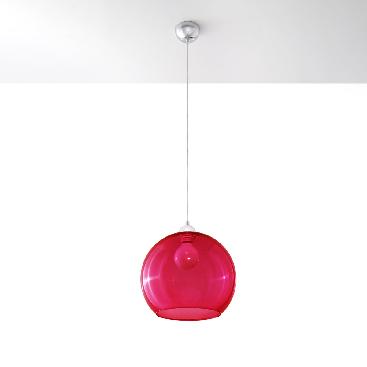 Red glass globe pendant light by Sollux Lighting, modern minimalist ceiling hanging lamp with E27 socket.