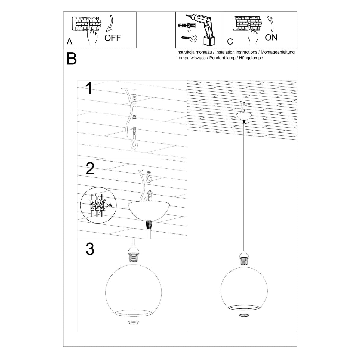 Red glass globe pendant light from Sollux Lighting with minimalist modern design, hanging from ceiling with E27 socket.