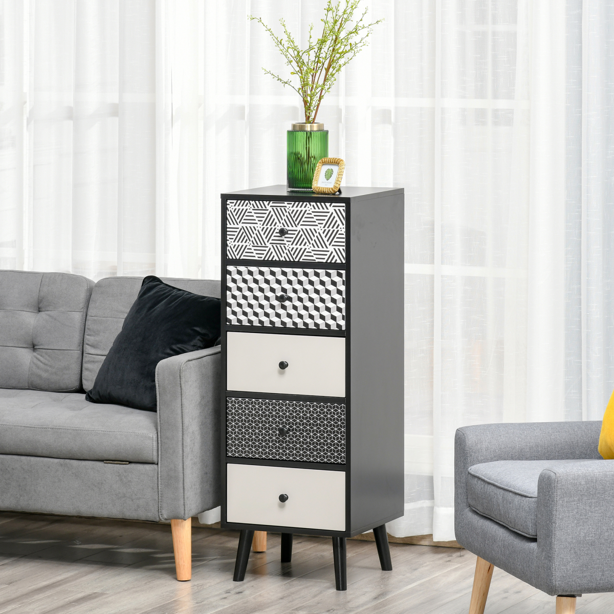 Wooden 5-drawer dresser chest of drawers for bedroom or living room storage, unbranded, featuring a sleek design and ample storage space.