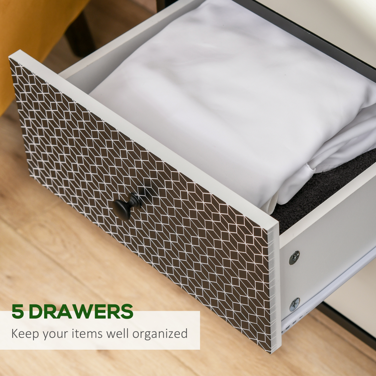 Wooden 5-drawer dresser chest of drawers, unbranded storage cabinet for bedroom or living room with sleek design and ample space.