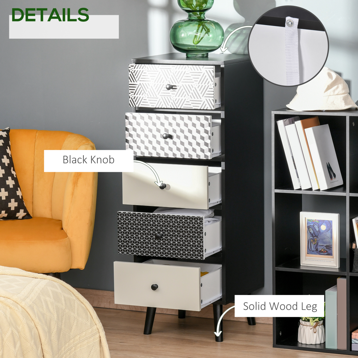 Wooden 5-drawer chest of drawers dresser with sleek design, ideal for bedroom or living room storage, unbranded furniture piece.