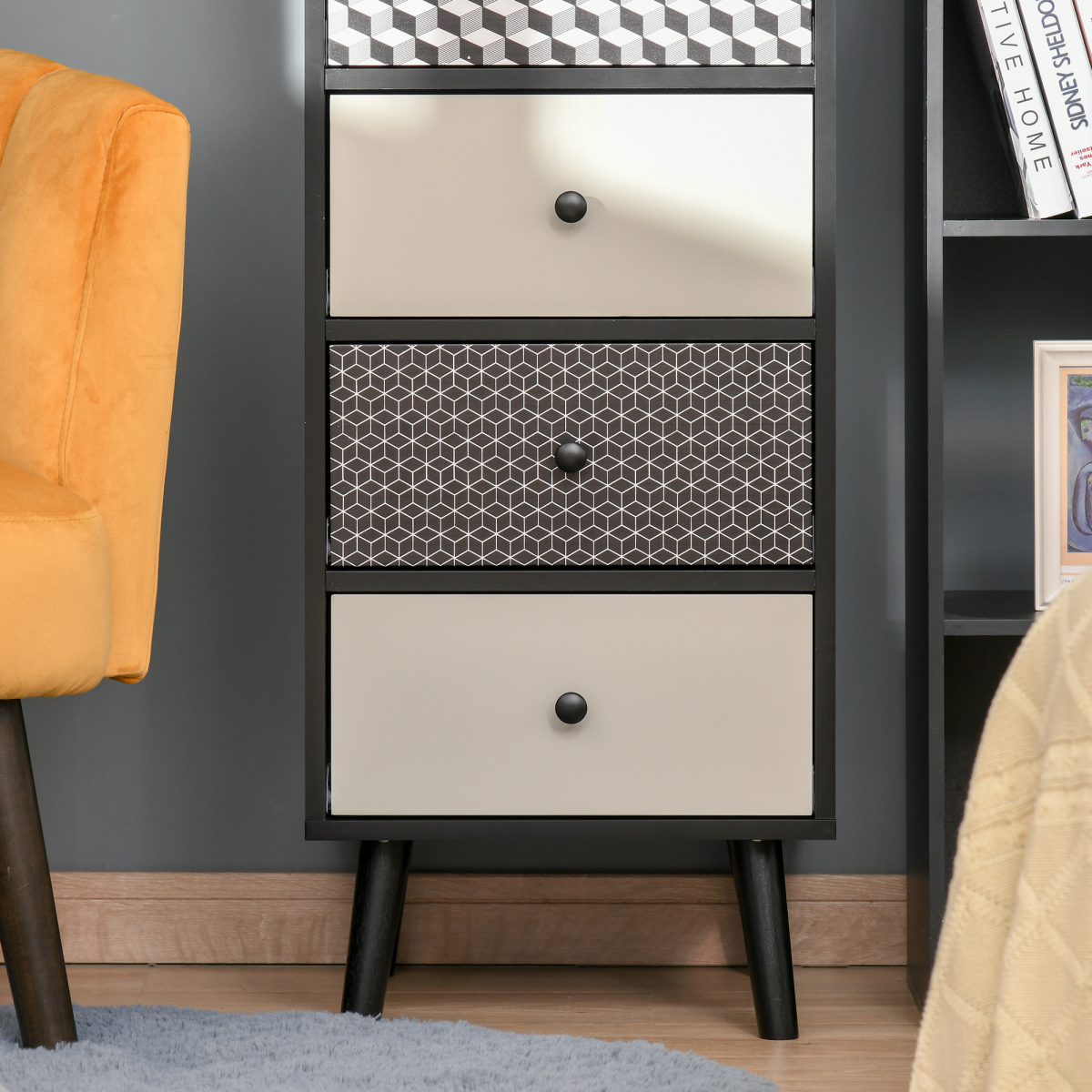 Wooden 5-drawer chest of drawers, unbranded storage dresser for bedroom and living room with a natural wood finish.
