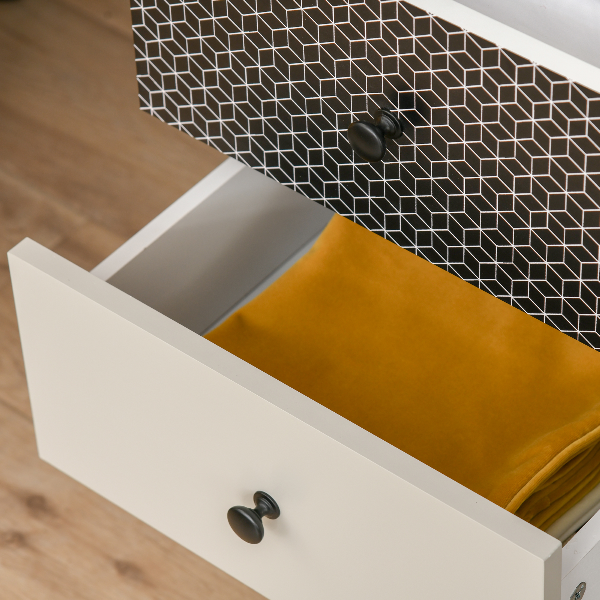 Wooden 5-drawer chest of drawers dresser with sleek design, ideal for bedroom or living room storage and organization.