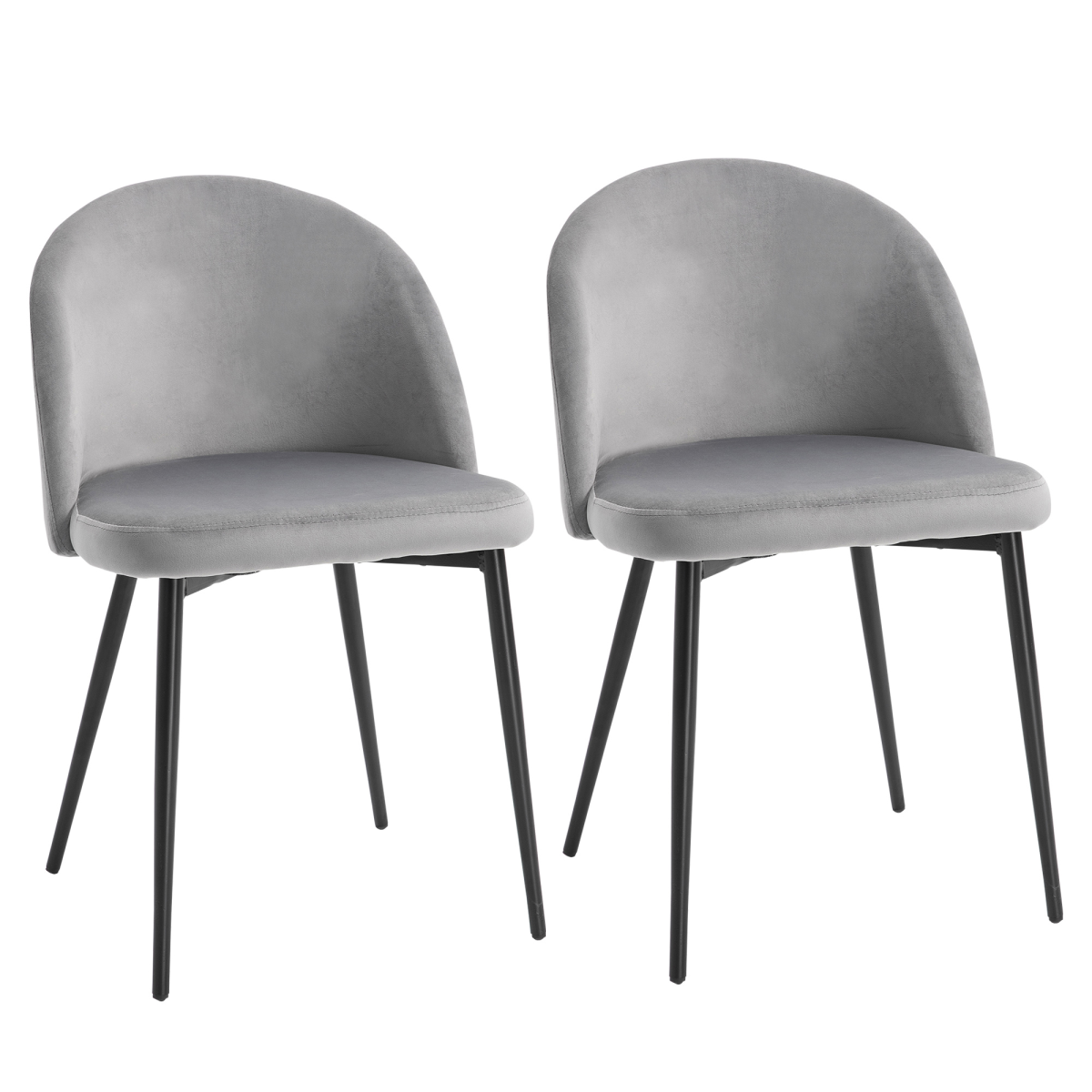 Two modern upholstered fabric bucket seat dining chairs in grey, showcasing sleek design and comfortable seating.