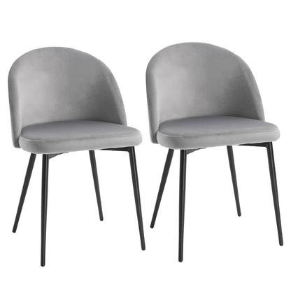 Two modern upholstered fabric bucket seat dining chairs in grey, showcasing sleek design and comfortable seating.