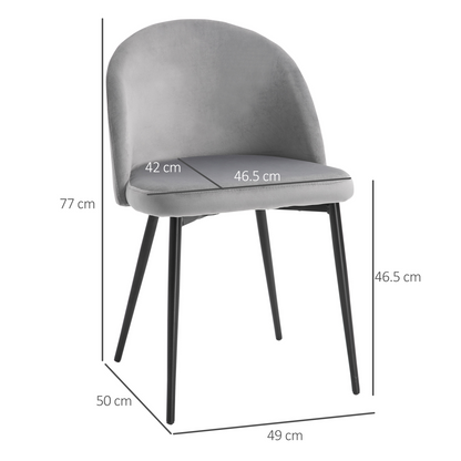 Set of two modern grey upholstered fabric bucket seat dining chairs with sleek design and sturdy wooden legs.