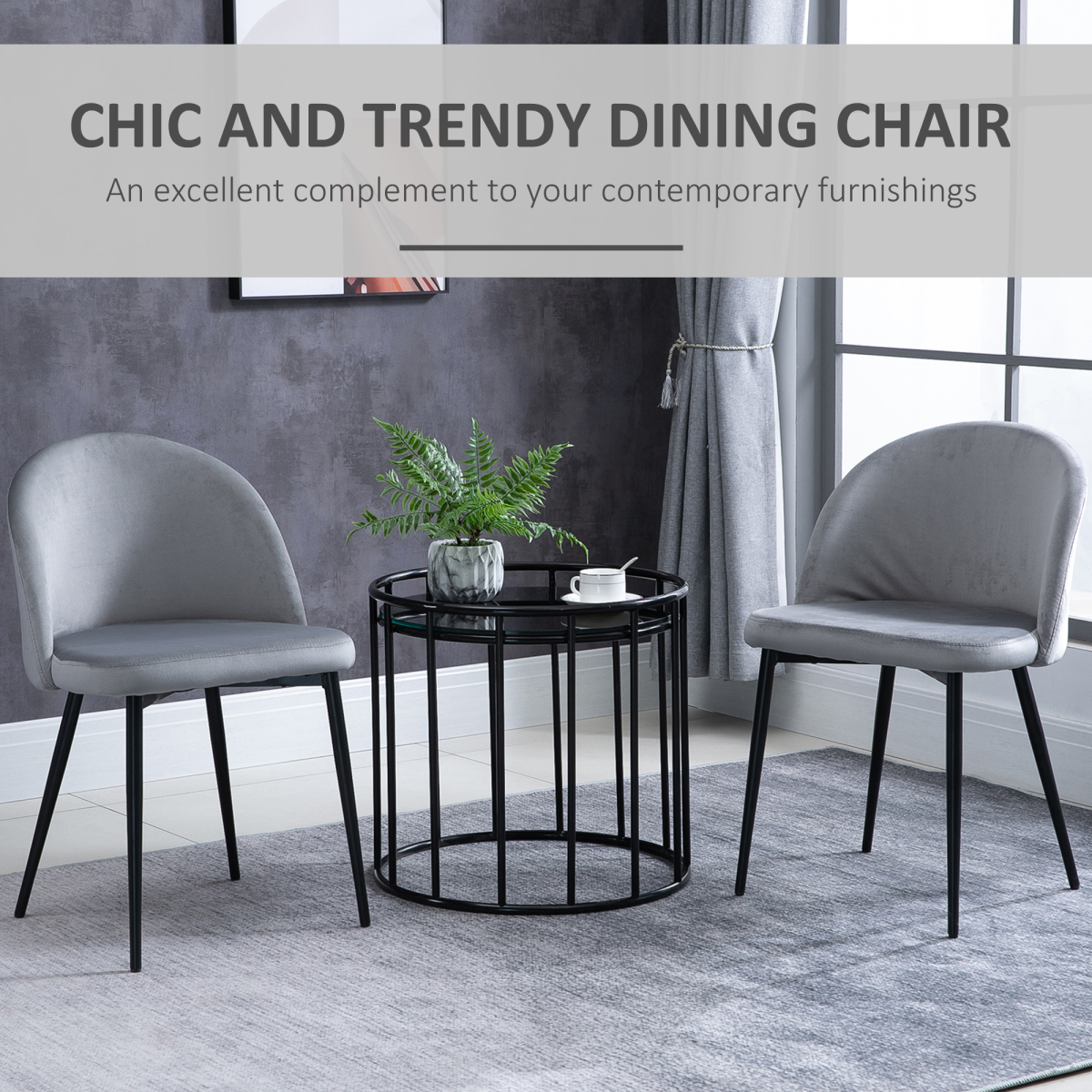 Two modern upholstered fabric bucket seat dining chairs in grey, designed for contemporary kitchen or dining room decor.