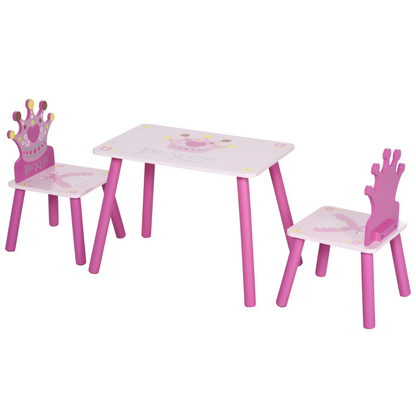 Three-piece pink kids' princess and crown chair and table set for children aged 2-4 years, featuring colorful, child-friendly furniture.