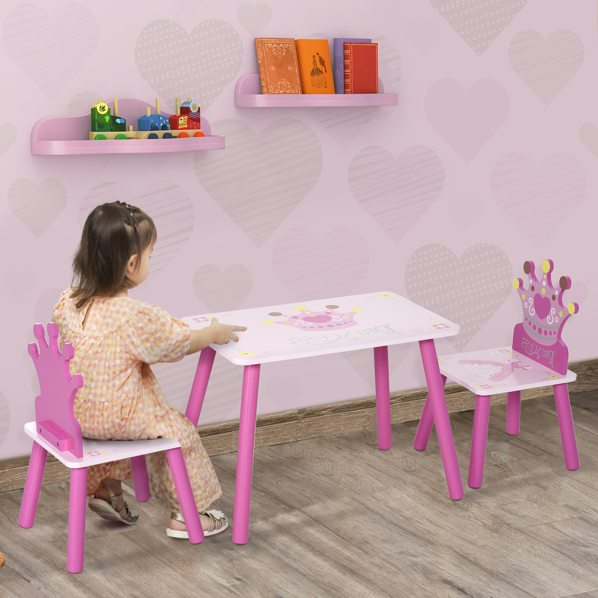 Pink 3-piece kids princess and crown chair and table set for children aged 2-4, featuring playful furniture for young kids.
