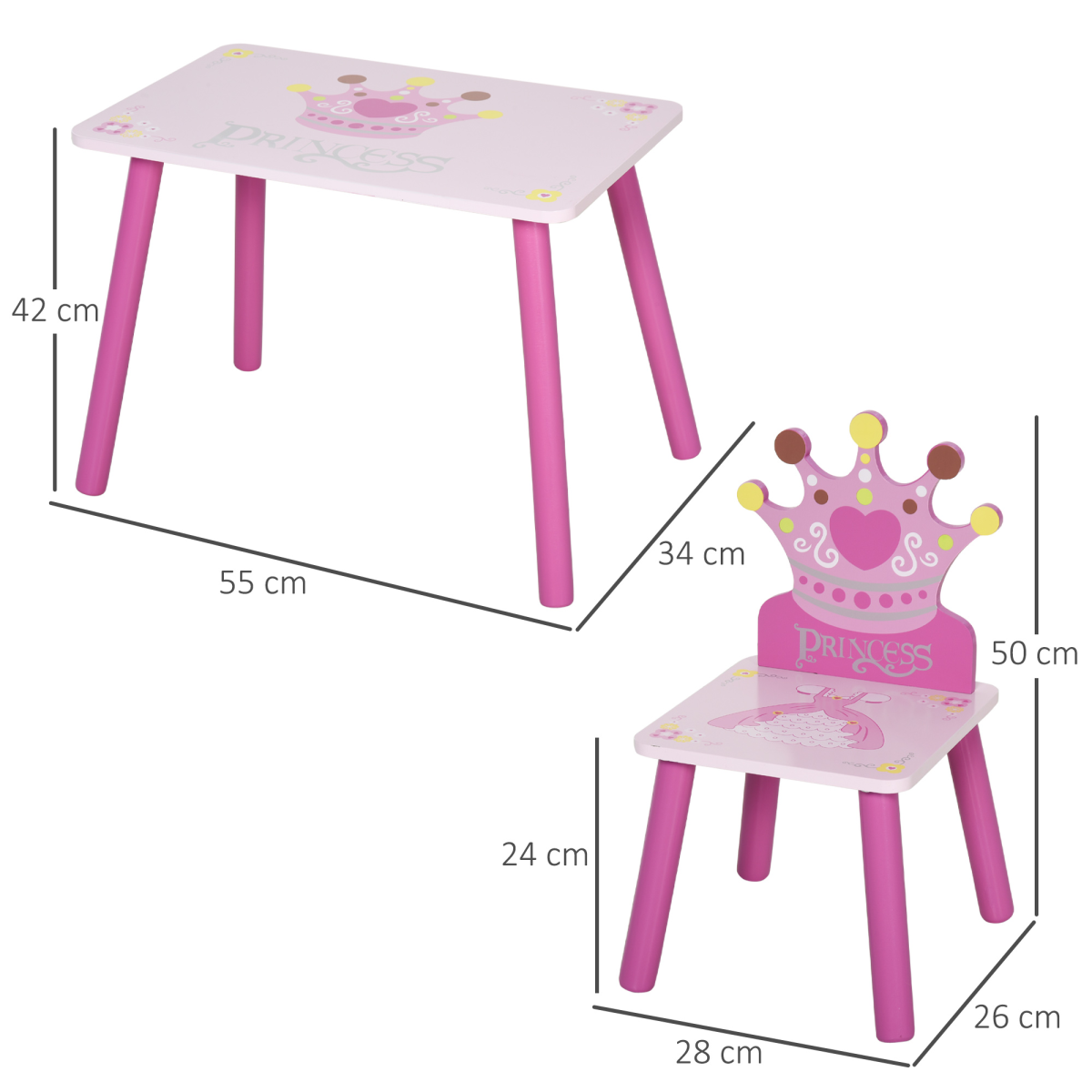 Pink 3-piece kids princess and crown chair table set for children aged 2-4, featuring colorful princess and crown designs.
