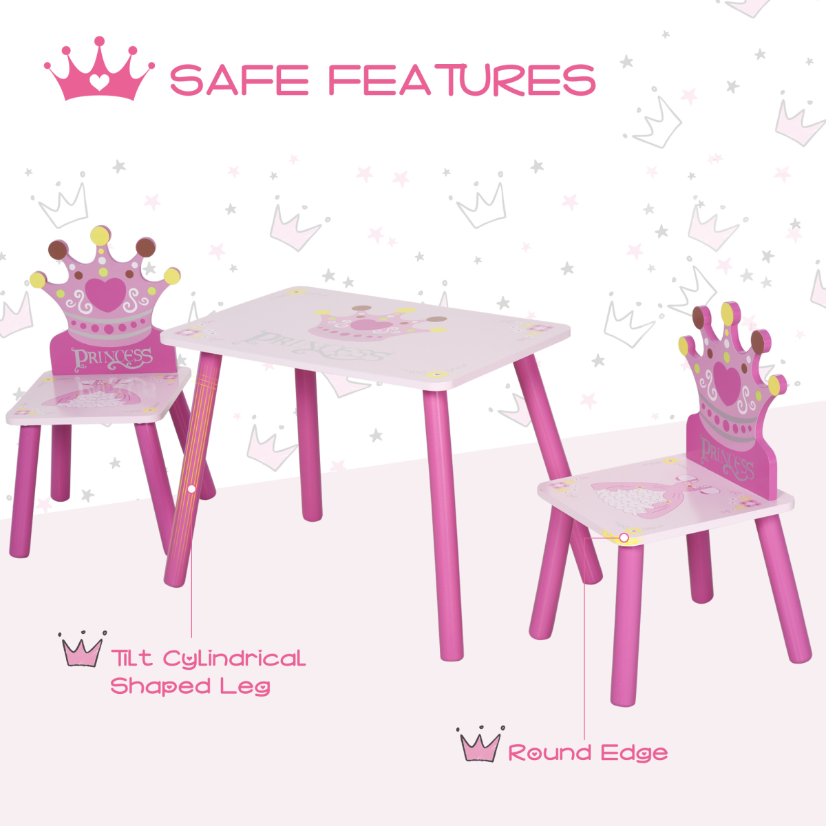 Pink 3-piece kids princess and crown chair and table set for children aged 2-4, home furniture by HOMCOM.