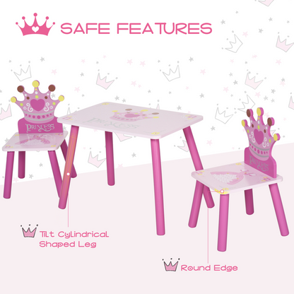 Pink 3-piece kids princess and crown chair and table set for children aged 2-4, home furniture by HOMCOM.