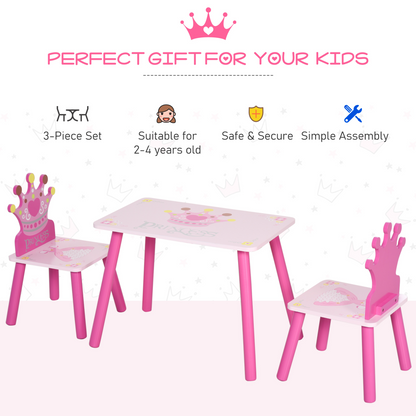 Three-piece pink kids' princess and crown chair table set for children aged 2-4, featuring colorful furniture for kids' home play.