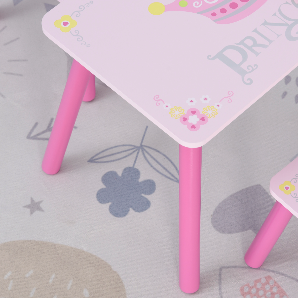 Three-piece pink kids' princess and crown chair and table set for children aged 2-4, featuring colorful princess and crown designs.