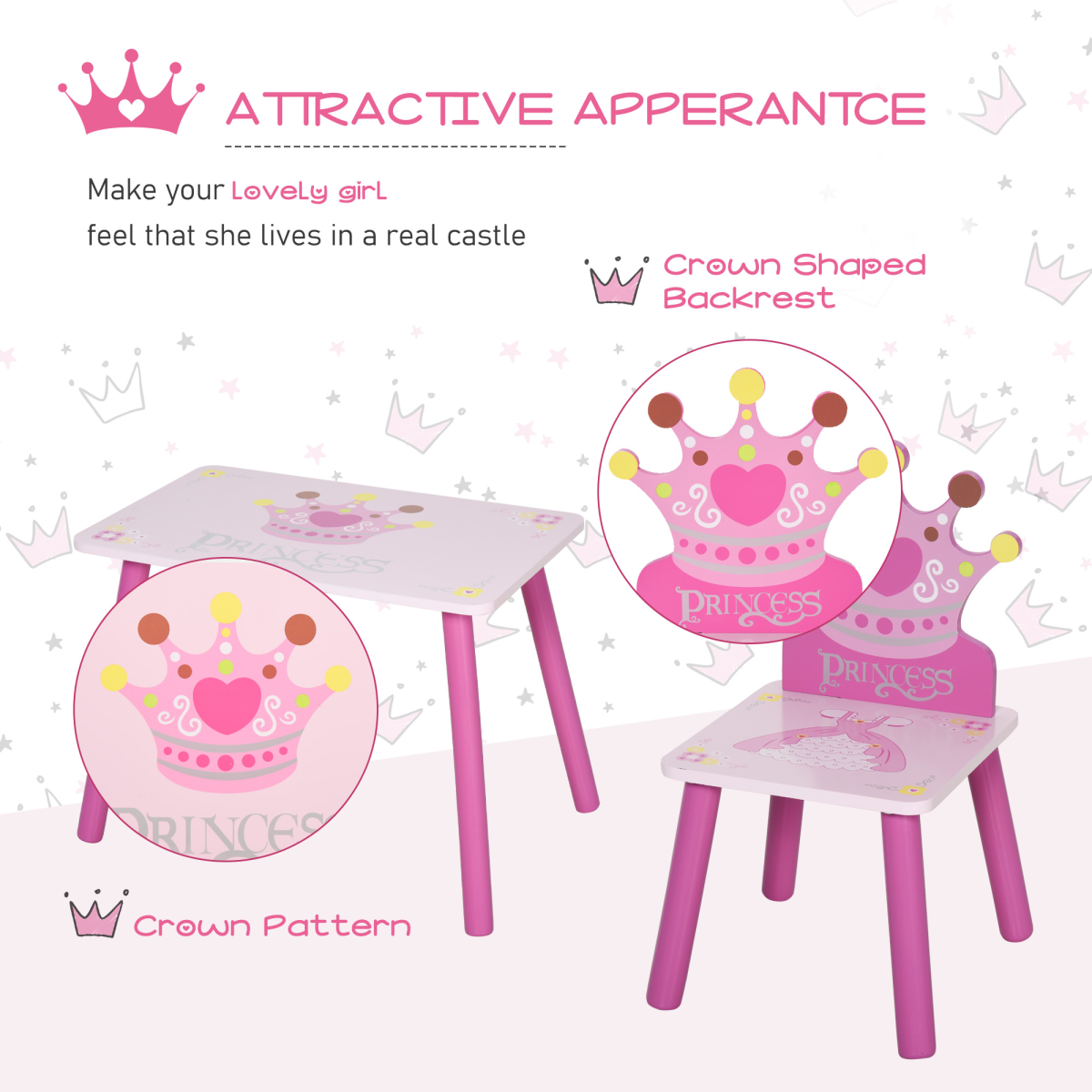Pink 3-piece kids princess and crown chair and table set for children aged 2-4, home furniture from HOMCOM with princess theme.
