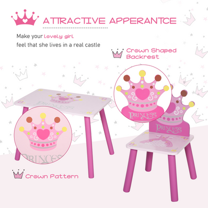 Pink 3-piece kids princess and crown chair and table set for children aged 2-4, home furniture from HOMCOM with princess theme.