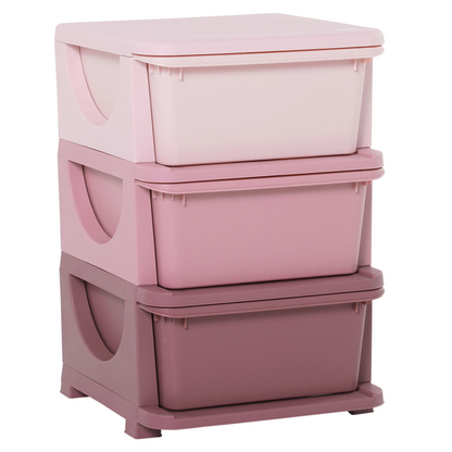 Kids 3-tier plastic storage unit with drawers, vertical toy chest for bedroom organization and clutter storage.