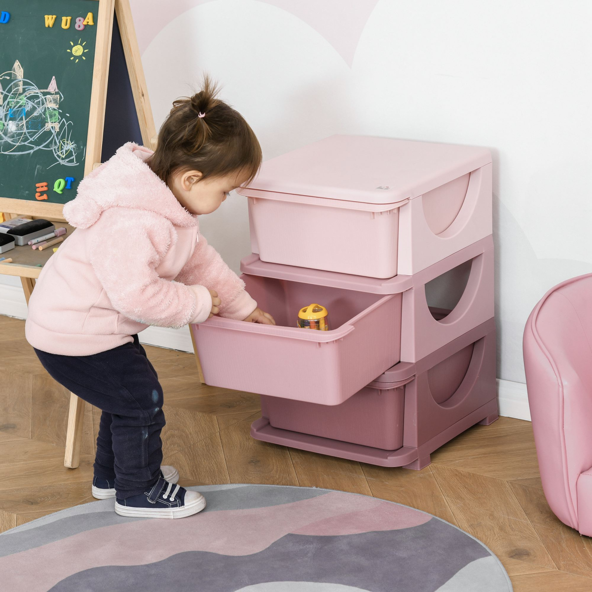 Kids 3-tier plastic storage unit with drawers, vertical toy chest for bedroom organization and toy storage.