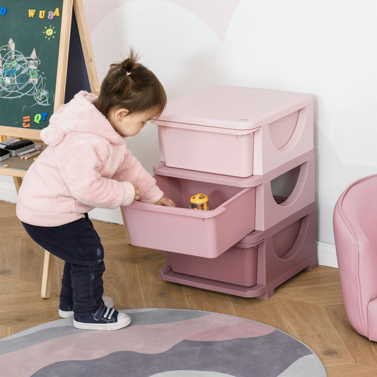 Kids 3-tier plastic storage unit with drawers, vertical toy chest for bedroom organization and toy storage.