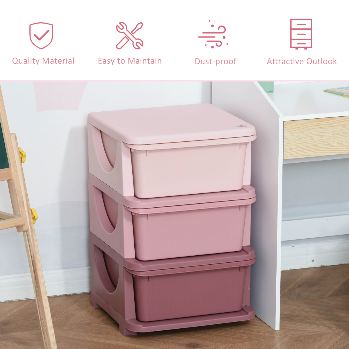 Kids 3-tier plastic storage unit with drawers, vertical toy chest for bedrooms, featuring colorful compartments for organization.