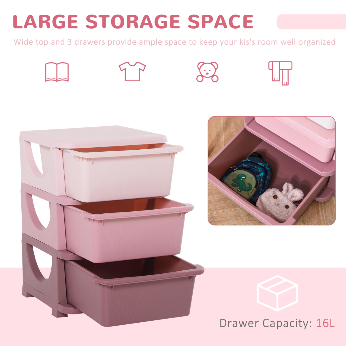Kids 3-tier plastic storage unit with drawers, vertical toy chest for bedroom organization, unbranded.